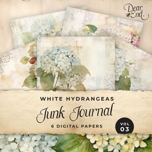 May include: Six digital papers featuring watercolor illustrations of white hydrangeas on a vintage background. The papers are titled "White Hydrangeas Junk Journal Vol 03".