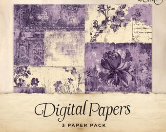 Purple Toile Junk Journal Digital Paper, 3 Digital Journal Pages, Printable Ephemera, Paper Craft, Collage Sheet 11 x 8.5, Rustic lilac