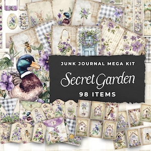Kit Junk Journal "Secret Garden" - 98 pezzi di carta stampabile floreale, etichette, effimere, carta artigianale, foglio collage 11 x 8,5, JJ048