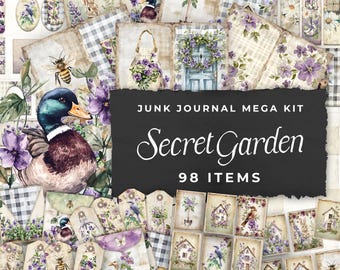 Junk Journal Kit &quot;Secret Garden&quot; - 98 Piece Floral Printable Papers, Tags, Ephemera, Paper Craft, Collage Sheet 11 x 8.5, JJ048