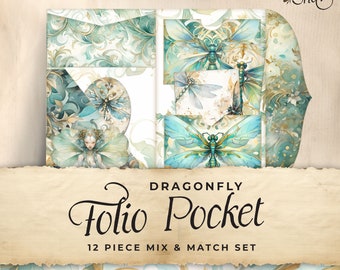 Dragonfly Junk Journal Folio Printables, 12 Piece Mix & Match Pocket, Floral Printable Ephemera, Paper Craft, Collage Sheet 11 x 8.5, JJ042