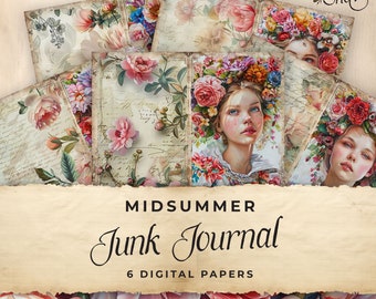 Könnte beinhalten: Sechs digitale Papiere mit floralen Illustrationen im Vintage-Stil. Die Papiere zeigen eine Vielzahl von Blumen, darunter Rosen, Pfingstrosen und Gänseblümchen, in Rosatönen, Rot und Weiß. Die Papiere sind perfekt für Scrapbooking, Kartenherstellung und andere Papierarbeiten. Der Text "Midsummer Junk Journal 6 Digital Papers" ist am unteren Rand des Bildes zu sehen.