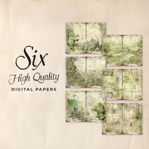 Green Toile Junk Journal Digital Paper, Shabby Chic 6