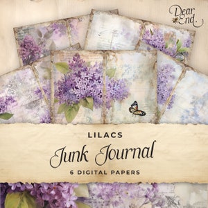 Papel digital de diario basura de lilas púrpuras, 6 páginas de diario digital, artesanía de papel efímera imprimible, hoja de collage 11 x 8,5, JJ022