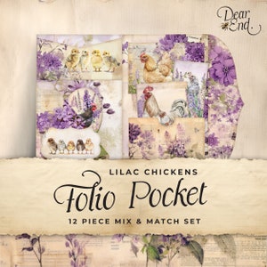 Imprimibles en folio de diario basura de pollos lilas, bolsillo para mezclar y combinar de 12 piezas, material efímero imprimible, artesanía en papel, hoja de collage 11 x 8,5, JJ048