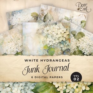 May include: Six digital papers featuring white hydrangeas with a watercolor effect. The papers are titled "White Hydrangeas Junk Journal Vol 02".