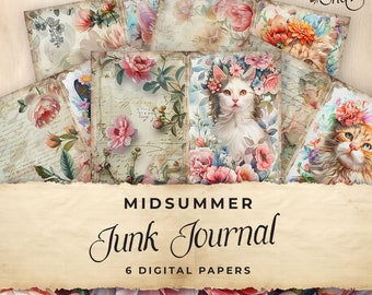 May include: Six digital papers featuring vintage floral designs with cats wearing flower crowns. The papers are perfect for scrapbooking, card making, and other crafting projects. The papers are in a distressed, vintage style with a light brown background.