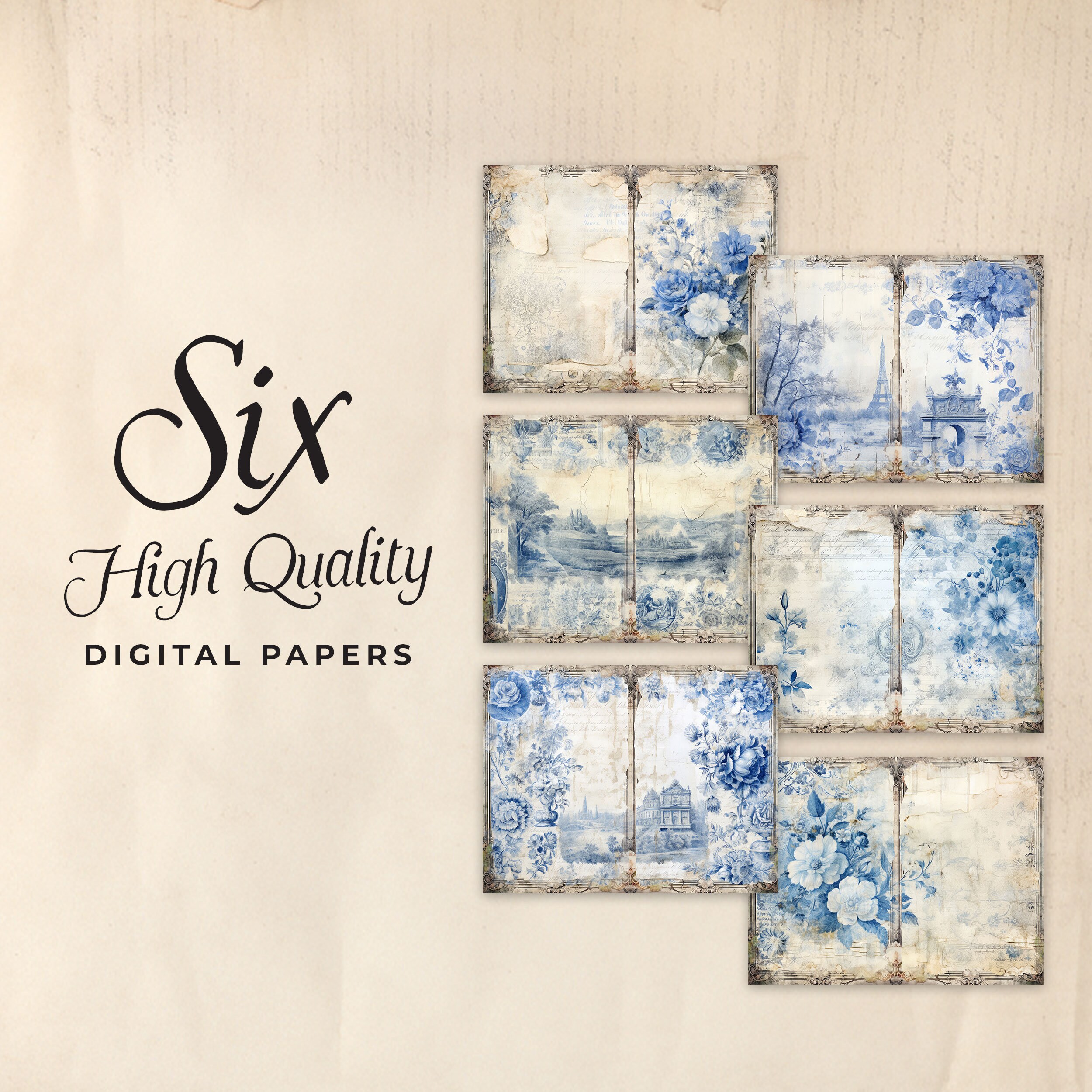 Blue Toile Junk Journal Digital Paper, Floral 6 Digital