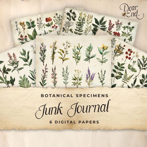 Vintage Flowers Junk Journal Digital Paper, Botanical 6 Digital Journal Pages, Printable Ephemera, Paper Craft, Collage Sheet 11 x 8.5