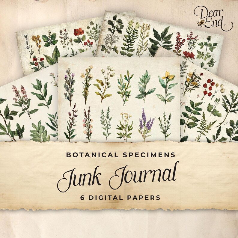 May include: Six digital papers featuring botanical illustrations of various plants and flowers. The papers are titled "Botanical Specimens Junk Journal" and "6 Digital Papers".