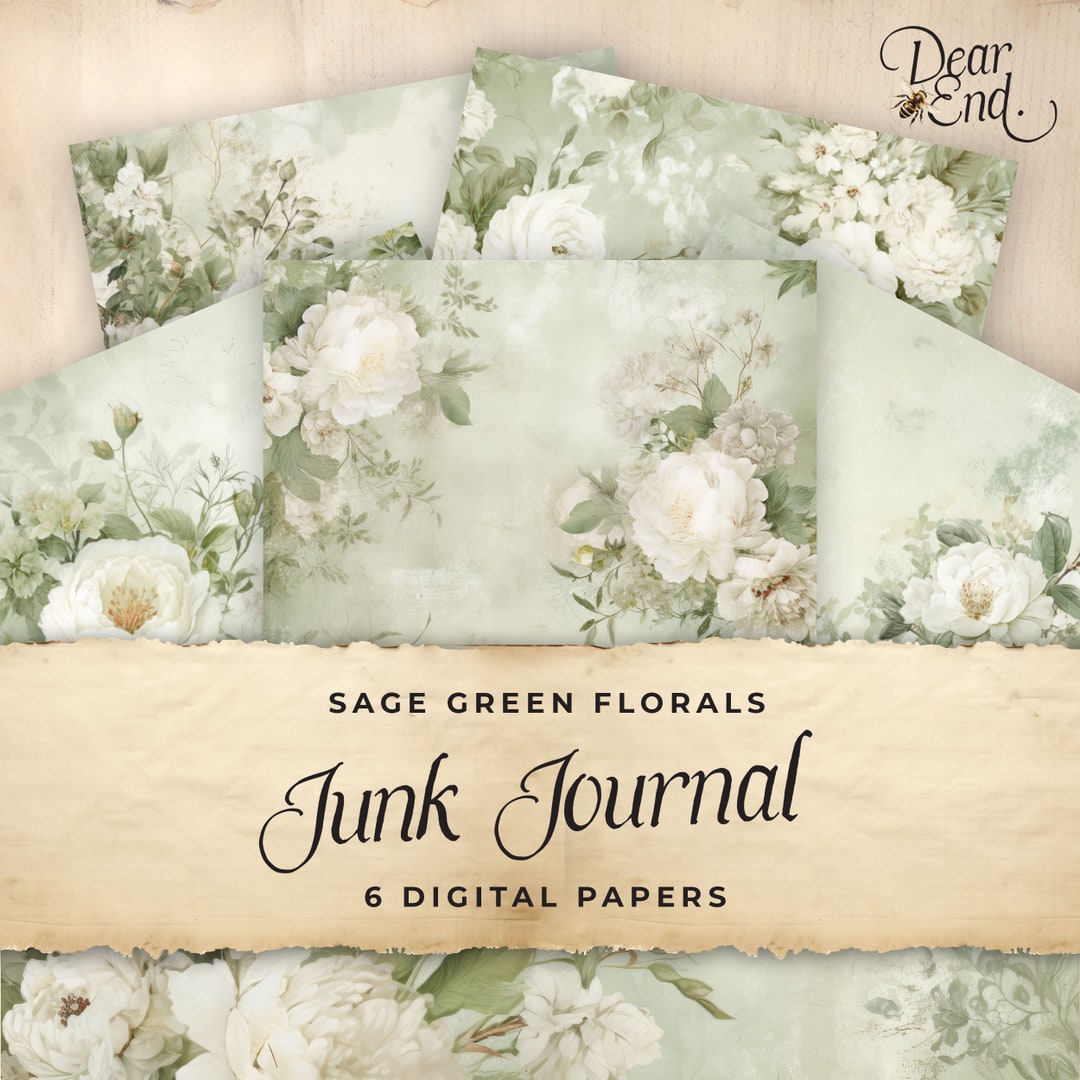 Sage Green Floral Junk Journal Digital Paper, 6 Digital Journal Pages ...