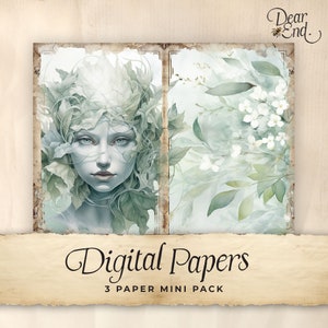 Elven Junk Journal, Digitales Papier, 3 Seiten, bedruckbare Ephemera, Papierkunst, Collage Sheet 11 x 8.5, Salbeigrüne Blumen