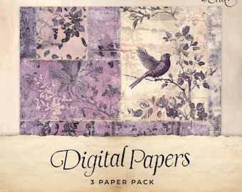 Purple Toile Junk Journal Digital Paper, 3 Digital Journal Pages, Printable Ephemera, Paper Craft, Collage Sheet 11 x 8.5, Rustic lilac