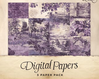 Purple Toile Junk Journal Digital Paper, 3 Digital Journal Pages, Printable Ephemera, Paper Craft, Collage Sheet 11 x 8.5, Rustic lilac