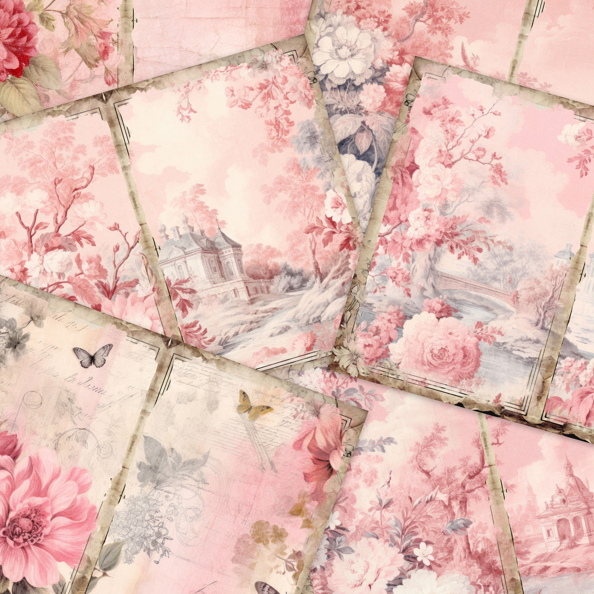 Junkjournal*『』 Różowy Toile Junk Journal Cyfrowy papier, Shabby Chic 6