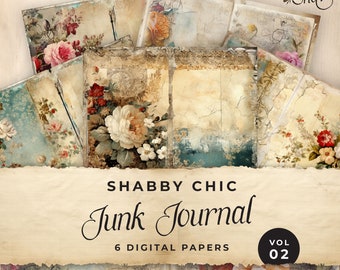 Carta digitale shabby chic junk journal, floreale 6 pagine di diario digitale, effimeri stampabili, creazione di carta, foglio di collage 11 x 8,5, JJ032