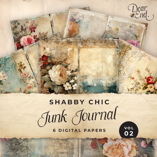 Shabby Chic Junk Journal Digital Paper, Floral 6 Digital Journal Pages, Printable Ephemera, Paper Craft, Collage Sheet 11 x 8.5, JJ032