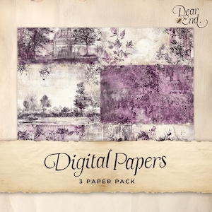 Papel digital para diario basura en toile morado, 3 páginas para diario digital, efímera imprimible, manualidad de papel, hoja de collage de 11 x 8,5, lila rústico