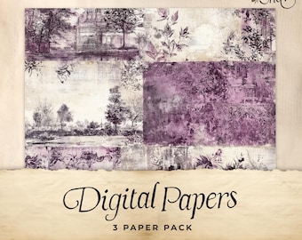 Purple Toile Junk Journal Digital Paper, 3 Digital Journal Pages, Printable Ephemera, Paper Craft, Collage Sheet 11 x 8.5, Rustic lilac