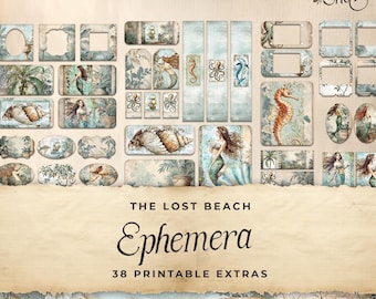 May include: A set of 38 printable digital ephemera featuring a beach theme with mermaids, seashells, and seahorses. The ephemera is designed in a vintage style with a light blue and beige color scheme. The text "The Lost Beach Ephemera 38 Printable Extras" is included in the image.