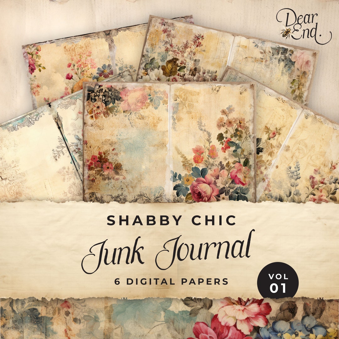 Shabby Chic Junk Journal Digital Paper, Floral 6 Digital Journal Pages ...