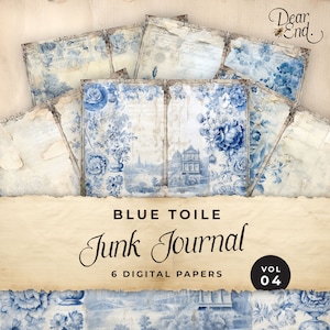 Carta digitale Blue Toile Junk Journal, 6 pagine di diario digitale floreali, mestiere di carta effimera stampabile, foglio di collage 11 x 8,5, JJ025