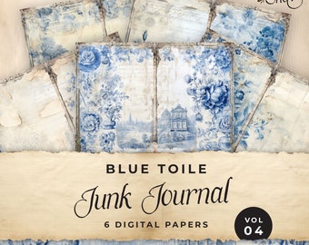 Blue Toile Junk Journal Digital Paper, Floral 6 Digital Journal Pages, Printable Ephemera Paper Craft, Collage Sheet 11 x 8.5, JJ025
