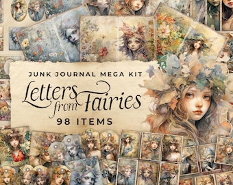 Kit de journal indésirable « Lettres de fées » - 98 pièces florales imprimables, étiquettes, éphémères, créations en papier, feuille de collage 11 x 8,5, JJ011