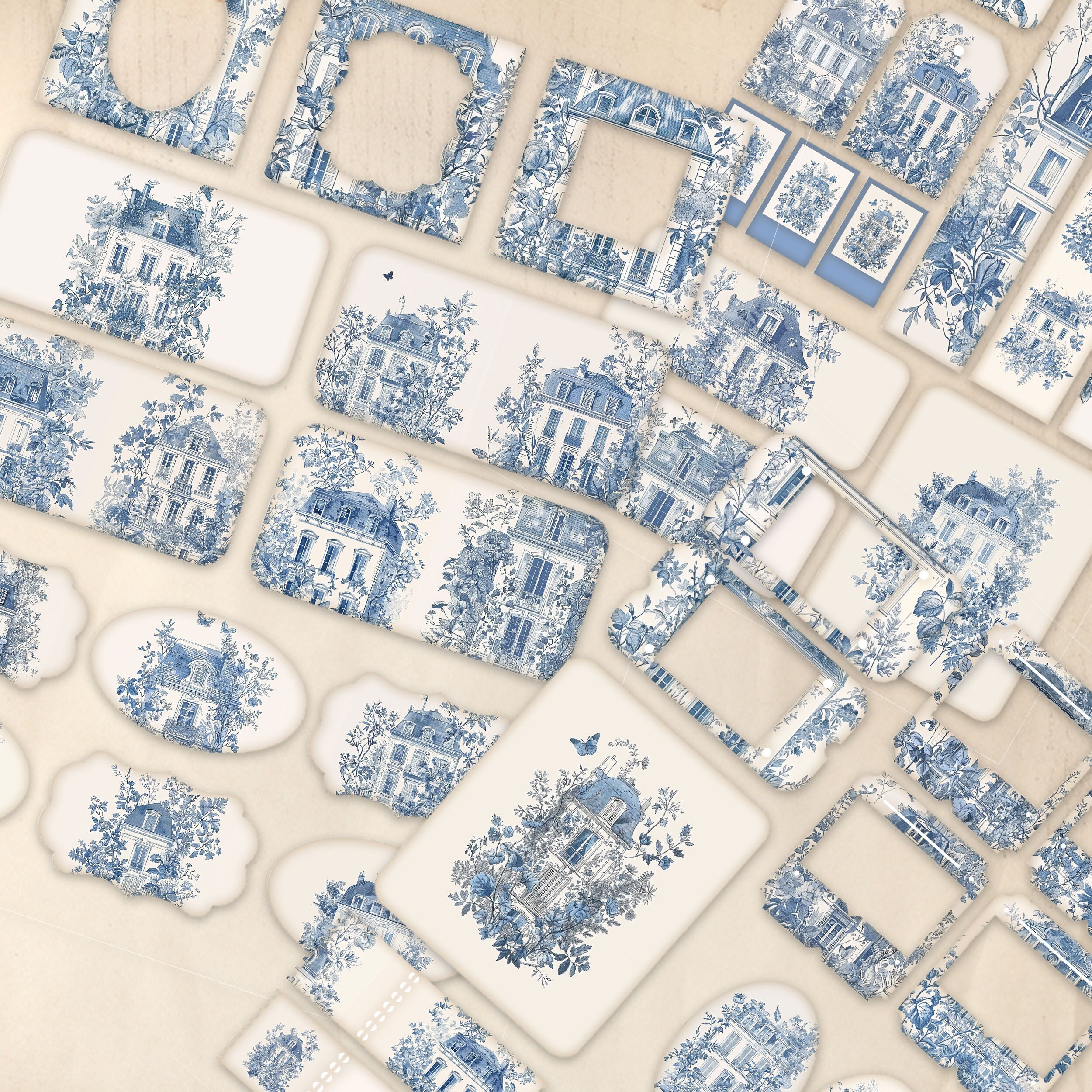 Blue Toile Homes Junk Journal Ephemera Cards, 38 Extras Pack, Shabby ...