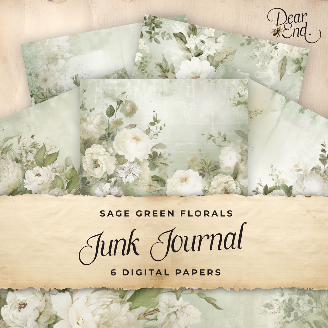 Sage Green Floral Junk Journal Digital Paper, 6 Digital Journal Pages ...