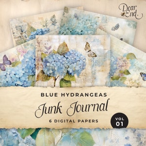 Blue Hydrangea Junk Journal Digital Paper, 6 Digital Journal Pages, Printable Ephemera Paper Craft, Collage Sheet 11 x 8.5, JJ023