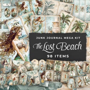 "Junk Journal Kit ""The Lost Beach"" - 98 Stück Floral bedruckbare Papiere, Tags, Ephemera, Papiermodelle 11 x 8.5, JJ050."