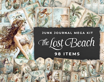 Junk Journal Kit "The Lost Beach" - 98 Piece Floral Printable Papers, Tags, Ephemera, Paper Craft, Collage Sheet 11 x 8.5, JJ050