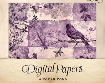 Purple Toile Junk Journal Digital Paper, 3 Digital Journal Pages, Printable Ephemera, Paper Craft, Collage Sheet 11 x 8.5, Rustic lilac