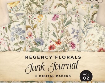 Regency Floral Junk Journal Digital Paper, Vintage 6 Digital Journal Pages, Printable Ephemera, Paper Craft, Collage Sheet 11 x 8.5, JJ002