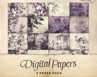 Purple Toile Junk Journal Digital Paper, 3 Digital Journal Pages, Printable Ephemera, Paper Craft, Collage Sheet 11 x 8.5, Rustic lilac