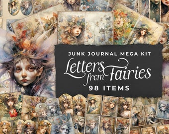 Junk Journal Kit "Letters from Fairies" - 98 Piece Floral Printable Papers, Tags, Ephemera, Paper Craft, Collage Sheet 11 x 8.5, JJ011