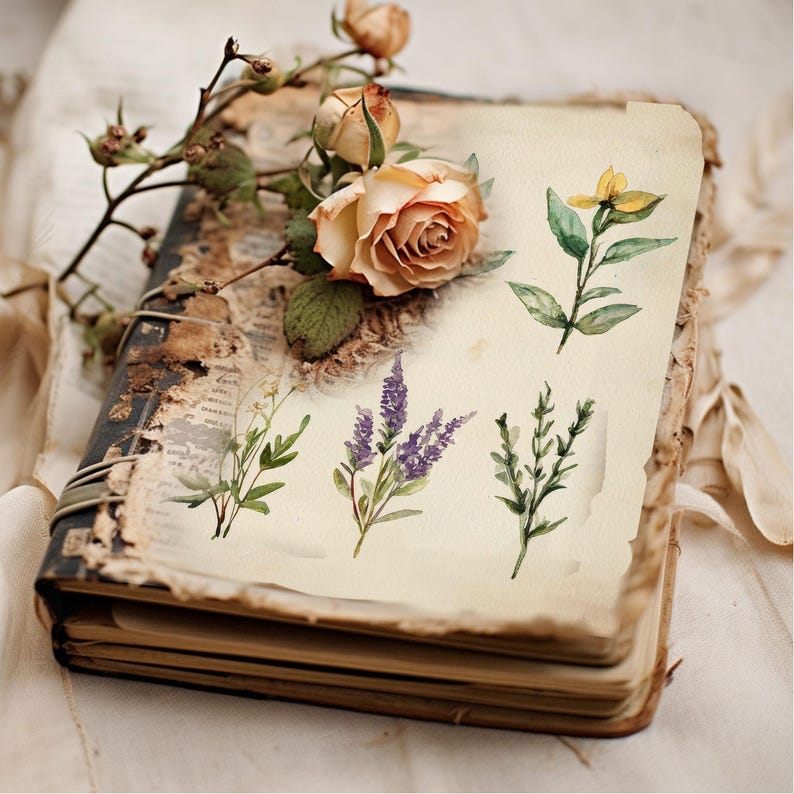 May include: A vintage book with watercolor illustrations of various flowers, including lavender, yellow flowers, and green foliage. The book is open and has a worn, aged appearance.