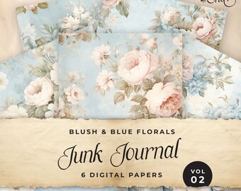 Dusty Blue & Pink Floral Junk Journal Digital Paper, 6 Digital Journal Pages, Printable Ephemera, Paper Craft, Collage Sheet 11 x 8.5, JJ003