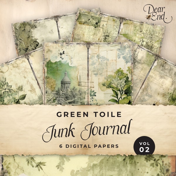 Green Toile Junk Journal Digital Paper, Shabby Chic 6 Digital Journal Pages, Printable Ephemera Paper Craft, Collage Sheet 11 x 8.5, JJ027