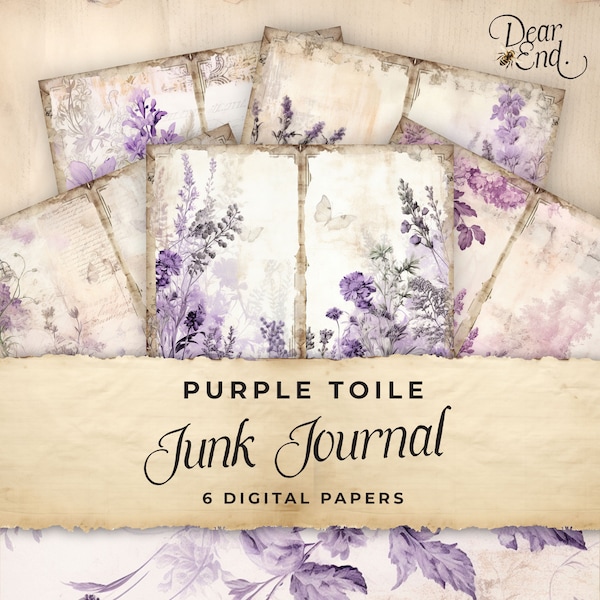 Purple Toile Junk Journal Digital Paper, Lavender 6 Digital Journal Pages, Printable Ephemera Paper Craft, Collage Sheet 11 x 8.5, JJ044