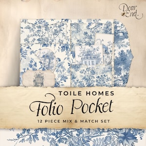 Blue Toile Homes Junk Journal Folio Printables, 12 pezzi Mix & Match Pocket, Effimeri stampabili, Creazioni con la carta, Foglio collage 11 x 8,5, JJ045