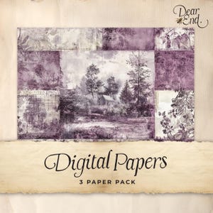 Papel digital para diario basura en toile morado, 3 páginas para diario digital, efímera imprimible, manualidad de papel, hoja de collage de 11 x 8,5, lila rústico