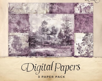 Purple Toile Junk Journal Digital Paper, 3 Digital Journal Pages, Printable Ephemera, Paper Craft, Collage Sheet 11 x 8.5, Rustic lilac