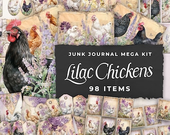 Junk Journal Kit &quot;Lilac Chickens&quot; - 98 Piece Floral Printable Papers, Tags, Ephemera, Paper Craft, Collage Sheet 11 x 8.5, JJ048