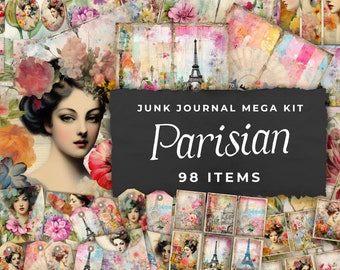 Junk Journal Kit "Parisian" - 98 Piece Floral Printable Papers, Tags, Ephemera, Paper Craft, Collage Sheet 11 x 8.5, JJ029