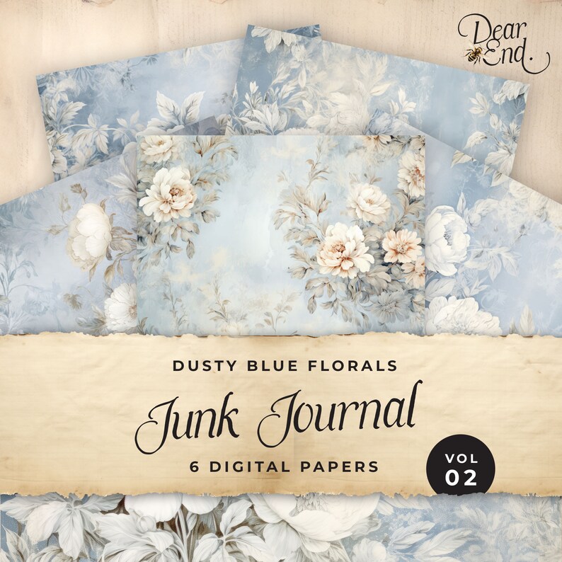 May include: Dusty blue floral digital papers for junk journaling. The pack includes 6 digital papers with a vintage aesthetic.  The text on the image reads "Dusty Blue Florals Junk Journal Vol 02 6 Digital Papers".