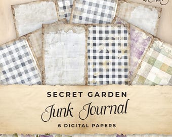Gingham Pattern Junk Journal Digital Paper, 6 Digital Journal Pages, Printable Ephemera Paper Craft, Collage Sheet 11 x 8.5, JJ057