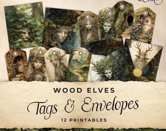 Woodland Elves Junk Journal Tags & Mini Envelopes, Extras Pack, Digital, Printable Ephemera, Paper Craft, Collage Sheet 11 x 8.5, JJ047