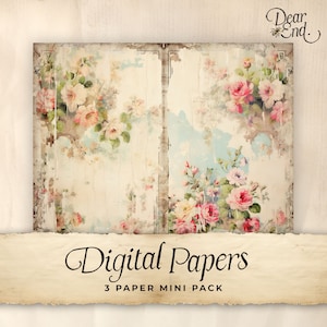 Vintage Flowers Junk Journal Papel digital, 3 páginas de diario digital, Efímera imprimible, Artesanía de papel, Hoja de collage 11 x 8.5, Shabby Chic